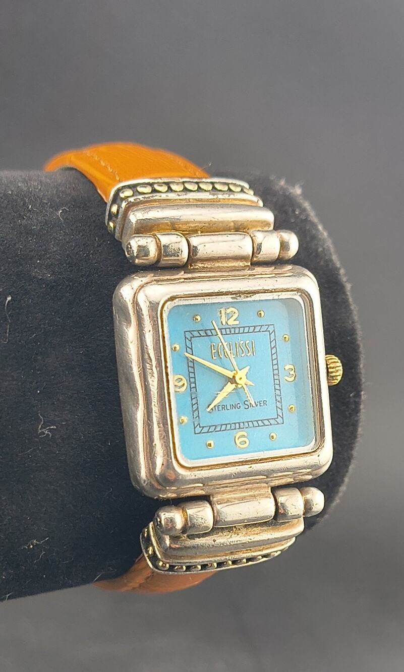 Ecclissi Sterling Silver Watch Turquoise Dial Square Case New Battery & Strap